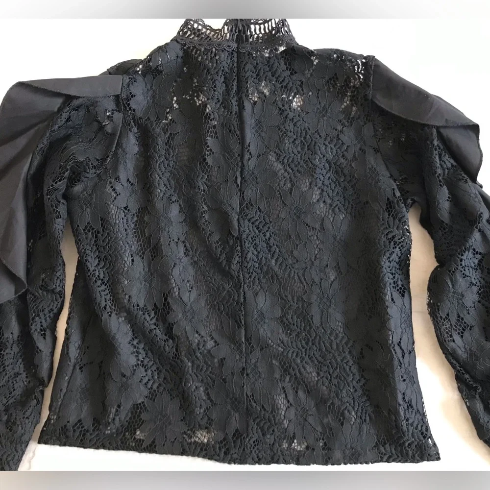 Beautiful Black Lace Top with Ruffle Sleeves By SHIRELY Size Medium - Picture 11 of 16